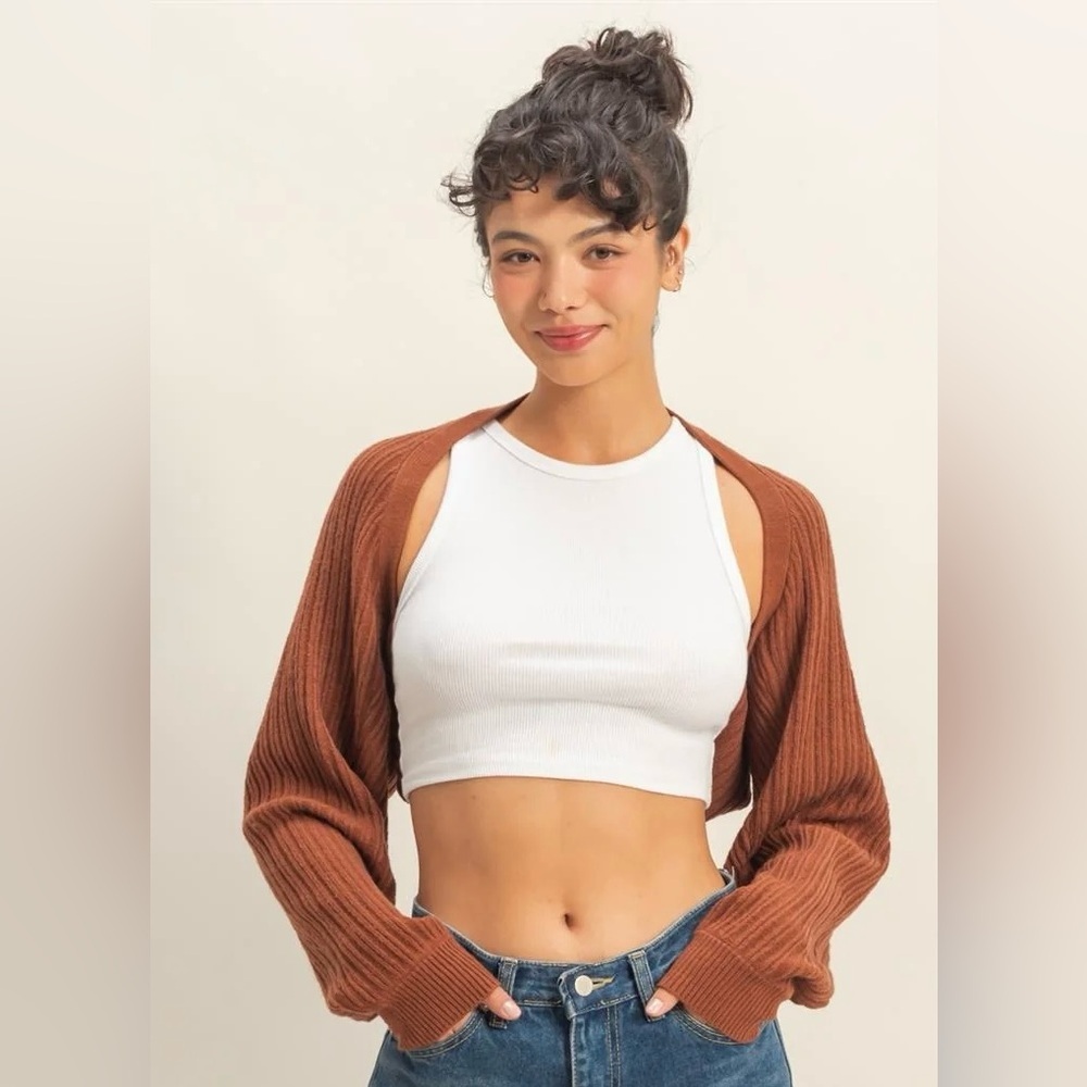 NEW Double Zero Chestnut Brown Ribbed Knit Cropped Bolero Cardigan Size Large